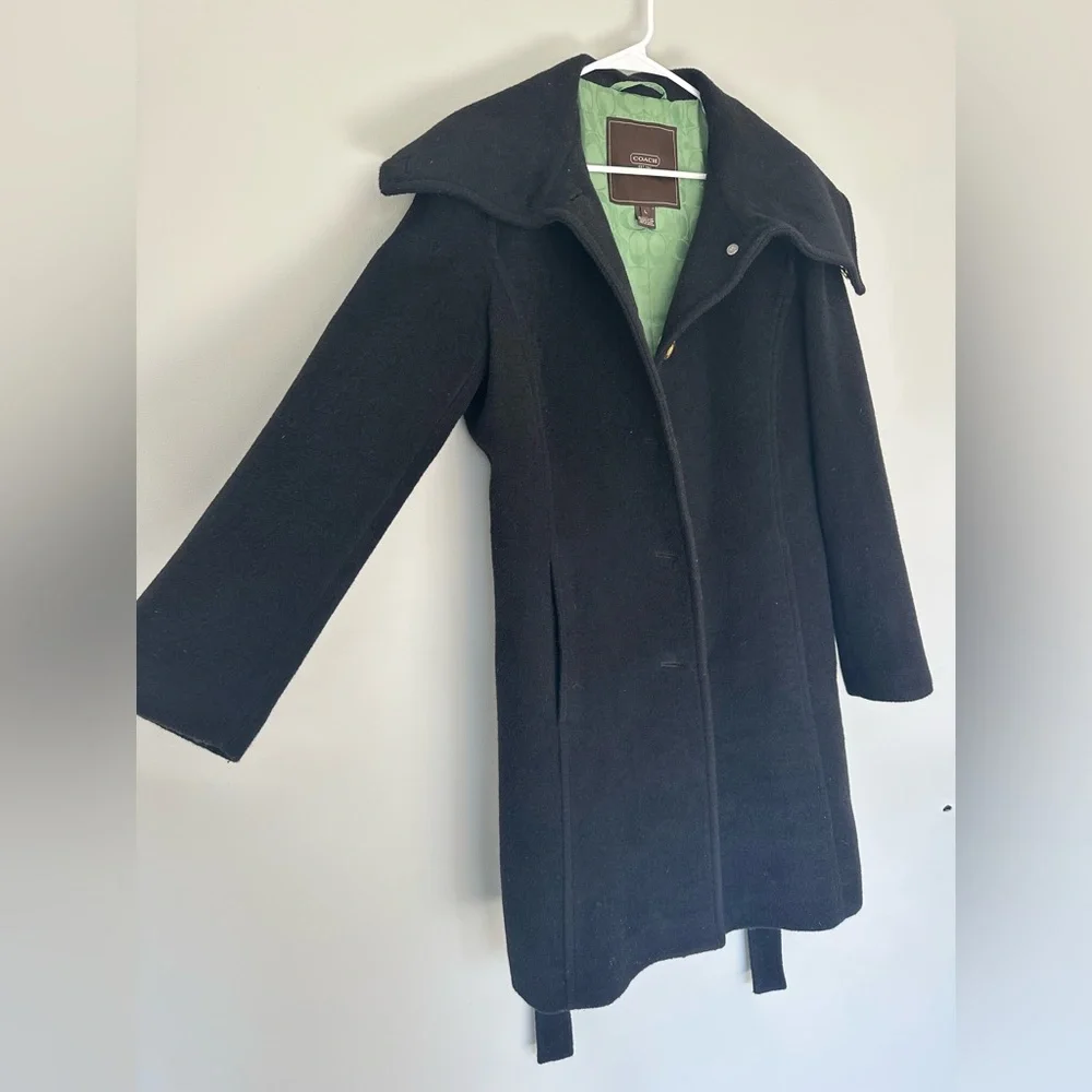 Coach Black Mohair Wool-Blend Belted Coat with Green Lining, Large. Gorgeous!